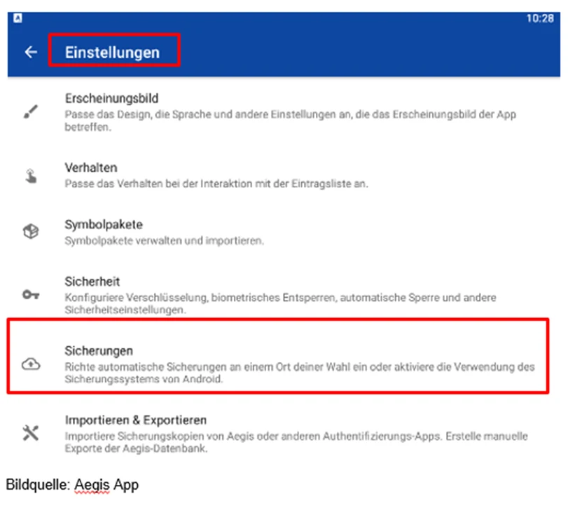 Aegis-Einstellungen mit hervorgehobenem Bereich Sicherungen.