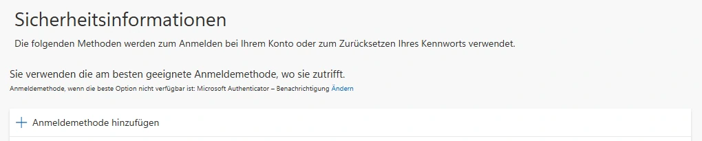 Microsoft-Bereich Sicherheitsinformationen mit der Schaltfläche Anmeldemethode hinzufügen.