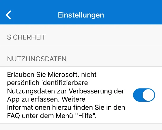 Microsoft Authenticator Einstellungen mit aktivierter Option zum Senden von Nutzungsdaten.