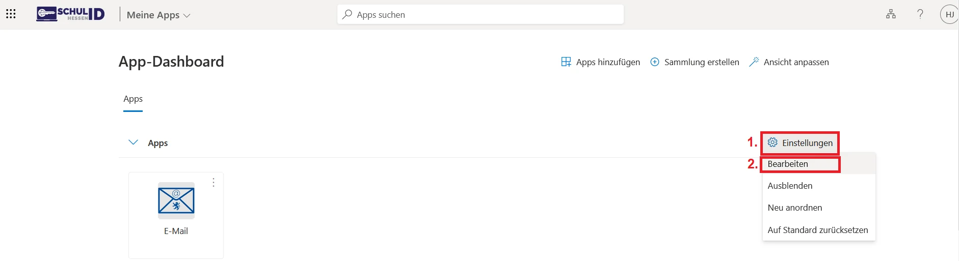 Dashboard mit geöffnetem Einstellungsmenü einer App-Sammlung und dem Menüpunkt Bearbeiten.