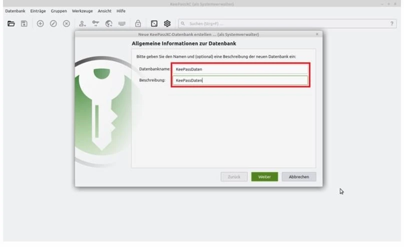 KeePassXC-Dialog zum Vergeben eines Datenbanknamens.