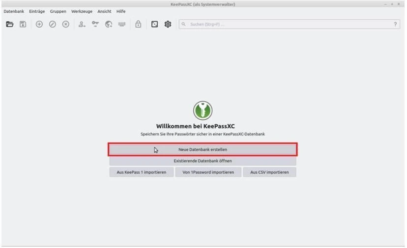 KeePassXC-Startseite mit der Schaltfläche Neue Datenbank erstellen.