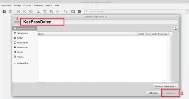 Dateidialog zum Speichern einer KeePassXC-Datenbank.