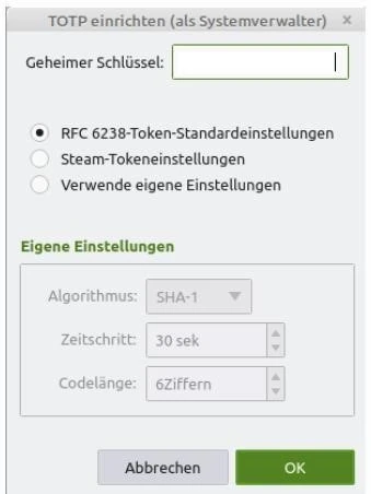 KeePassXC-Dialog TOTP einrichten mit Feld Geheimer Schlüssel.