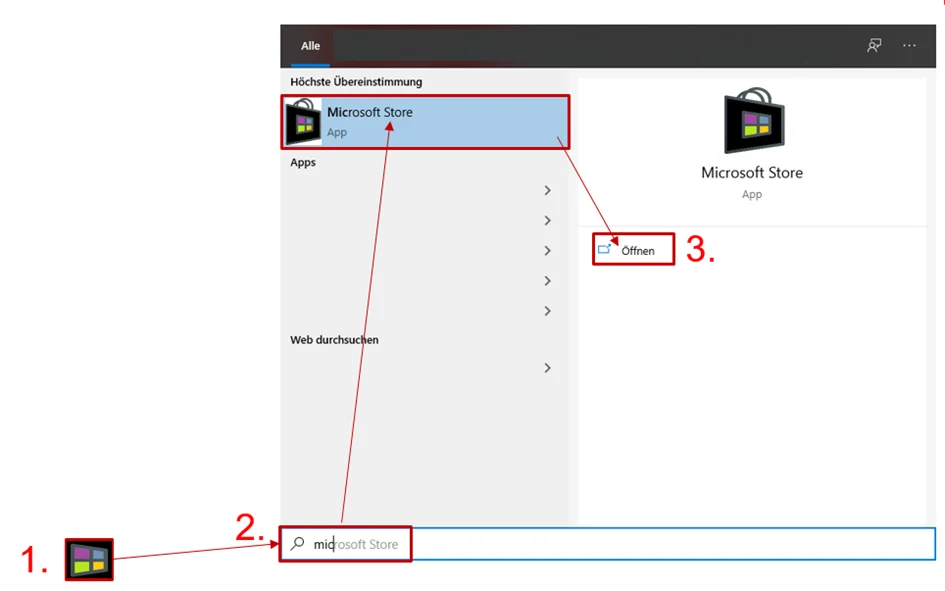Windows-Suche zum Öffnen des Microsoft Store.