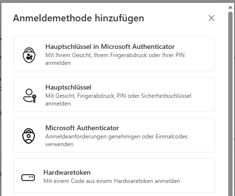 Aktuelle Auswahl Anmeldemethode hinzufügen mit Hauptschlüssel, Microsoft Authenticator und Hardwaretoken.