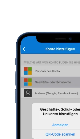 Microsoft Authenticator mit der Auswahl Geschäfts- oder Schulkonto und der Option Anmelden.